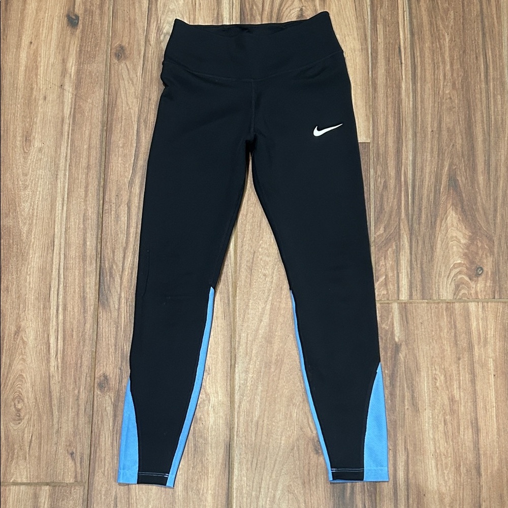 Women’s Nike Dri-FIT Black Colorblock Leggings Blue Panels | Small |